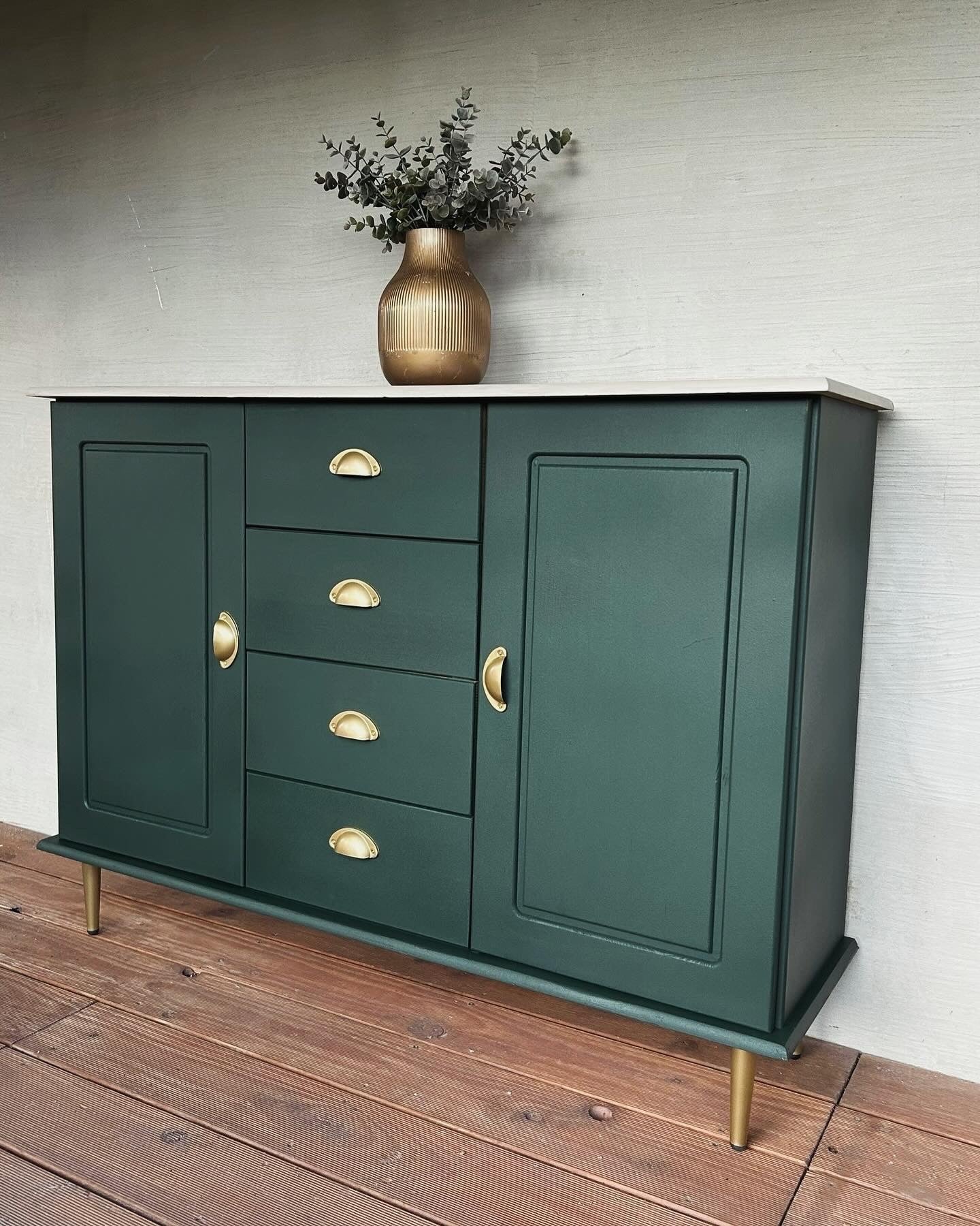 Green chest of drawers sideboard with shell handles