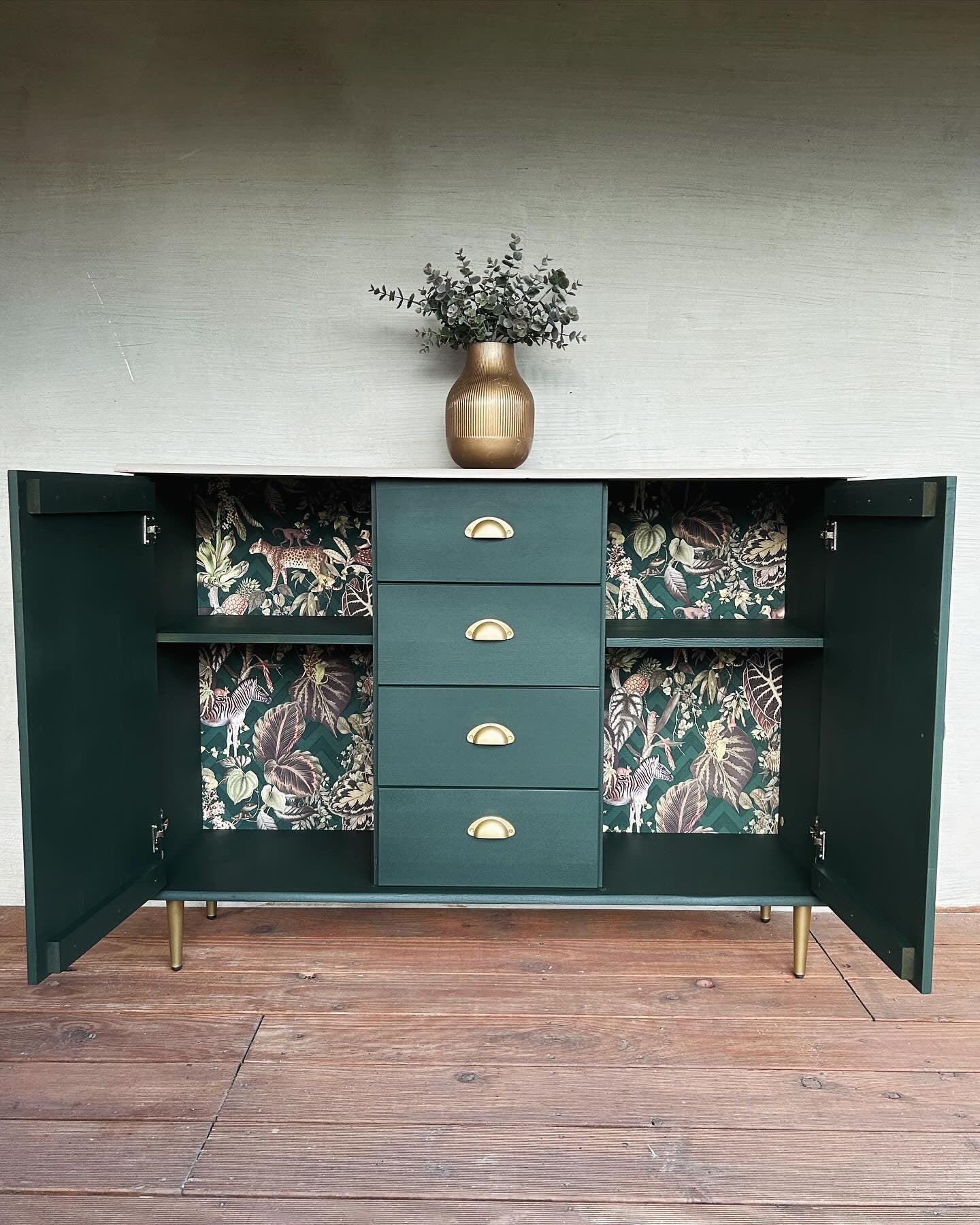 Green chest of drawers sideboard with shell handles
